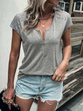 Lace Detail Half Zip Cap Sleeve T-Shirt - Trendsi - Flyclothing LLC