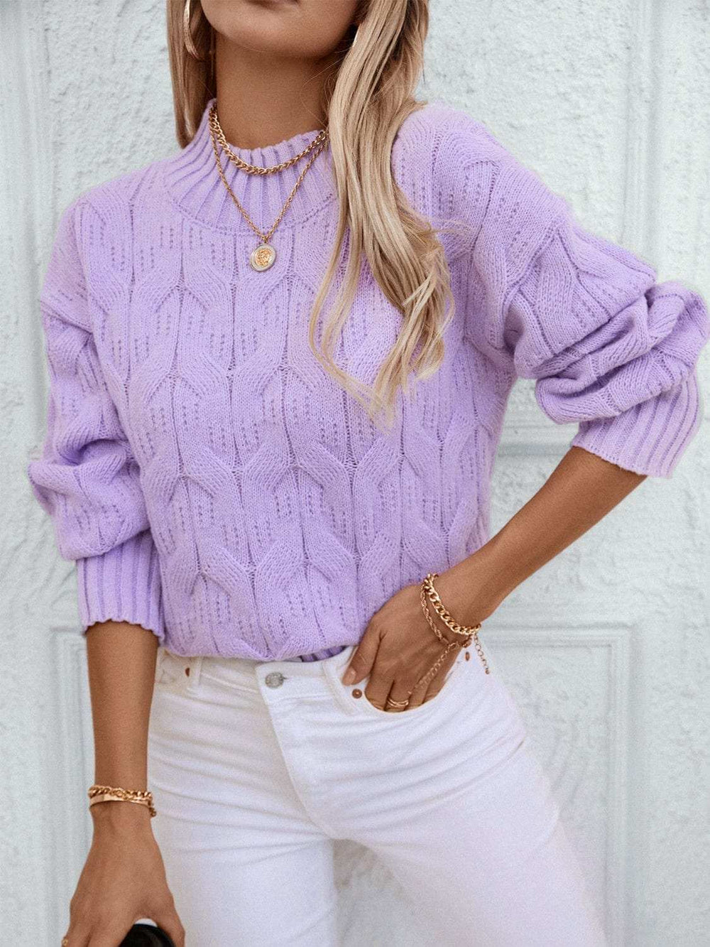 Cable Knit Mock Neck Long Sleeve Sweater - Trendsi - Flyclothing LLC