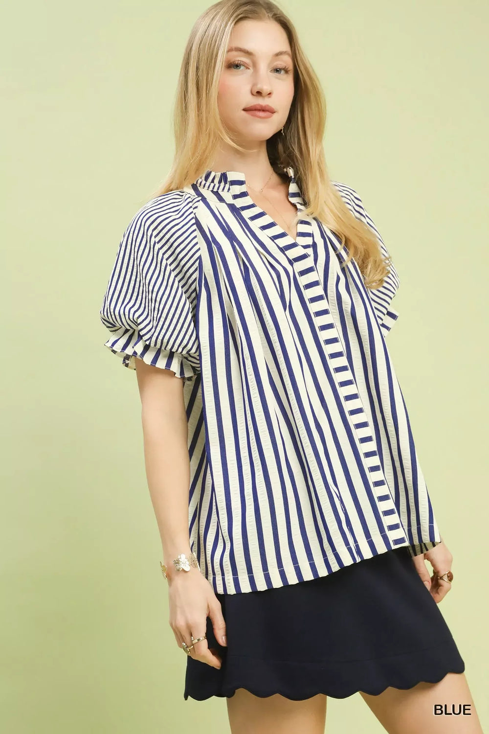 Umgee Striped Notched Top with Short Flutter Sleeves - Trendsi - Flyclothing LLC