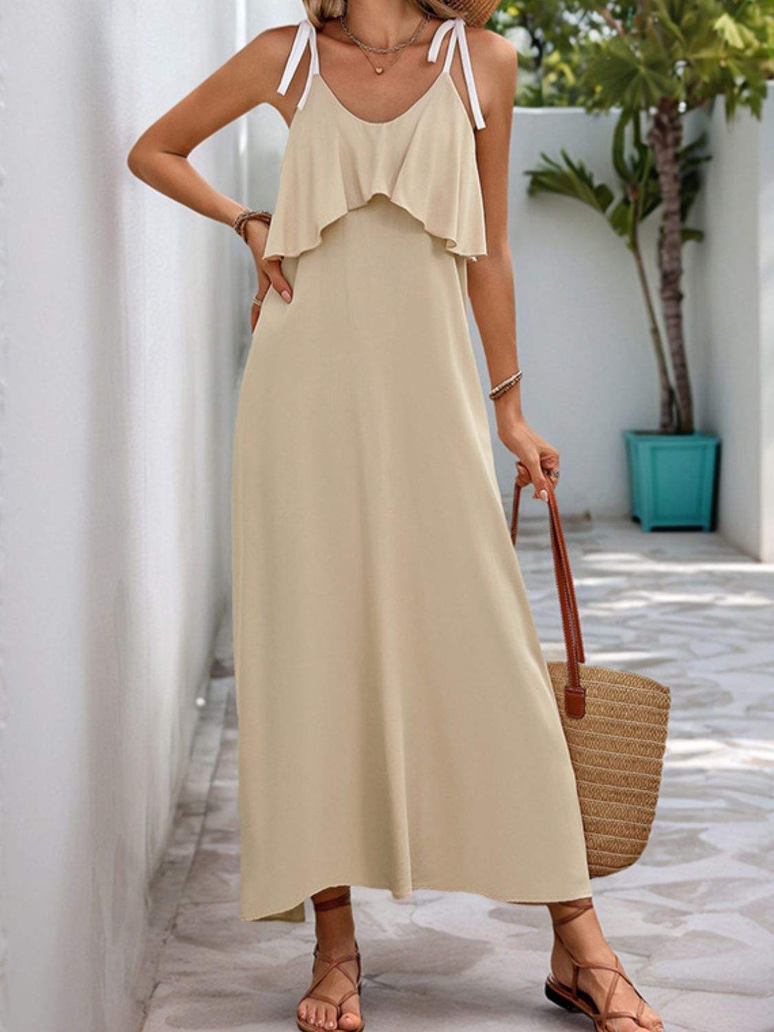 Perfee Tied Ruffled Scoop Neck Sleeveless Dress - Trendsi - Flyclothing LLC
