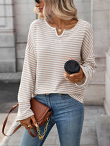 Striped Notched Long Sleeve T-Shirt - Trendsi - Flyclothing LLC