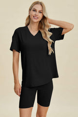 Basic Bae Full Size Ribbed V-Neck Short Sleeve Top and Shorts Set - Trendsi - Flyclothing LLC