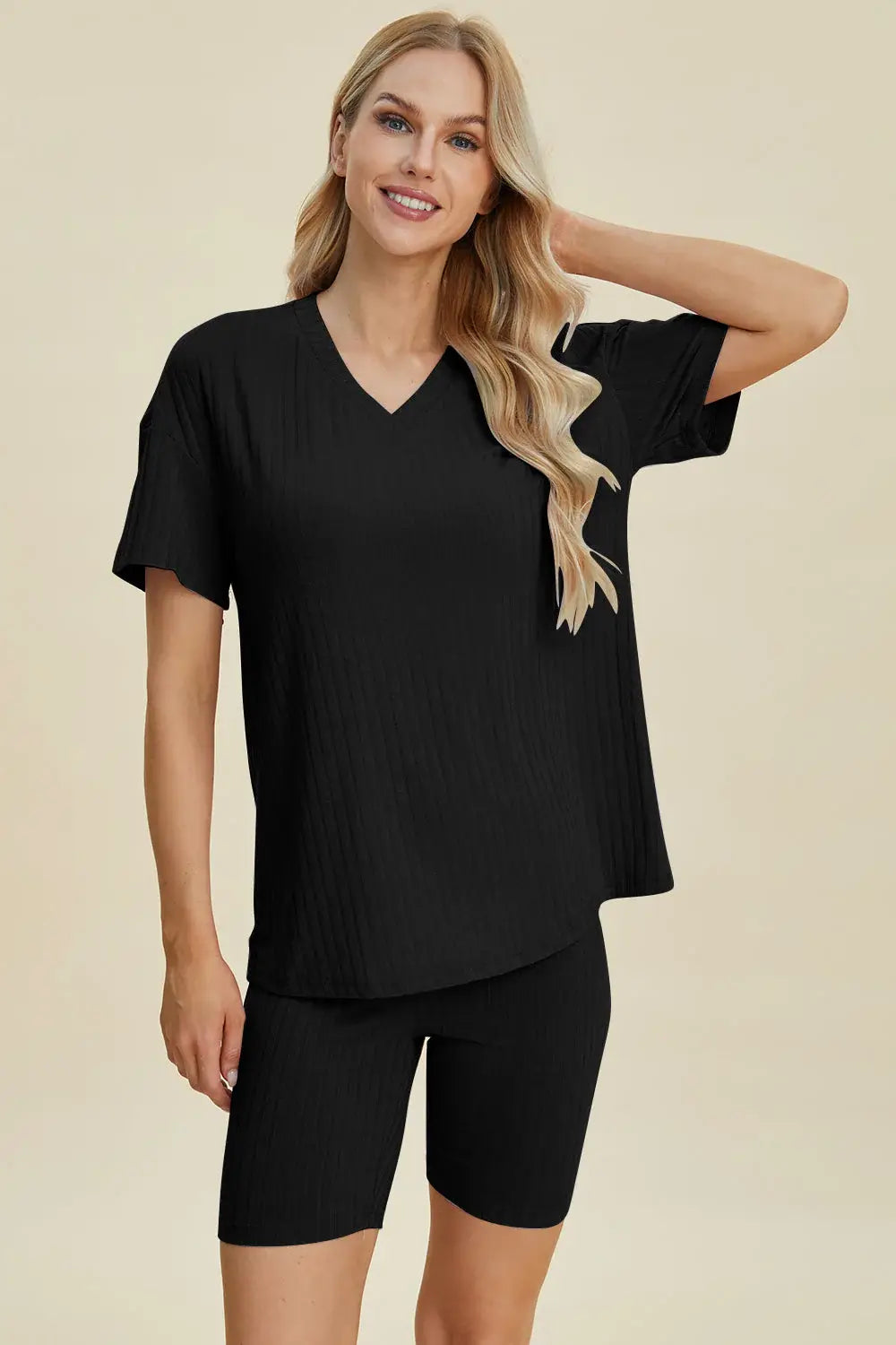 Basic Bae Full Size Ribbed V-Neck Short Sleeve Top and Shorts Set - ShopBasicbae - Flyclothing LLC