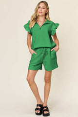 Double Take Full Size Texture Flounce Sleeve Top and Drawstring Shorts Set - Trendsi - Flyclothing LLC