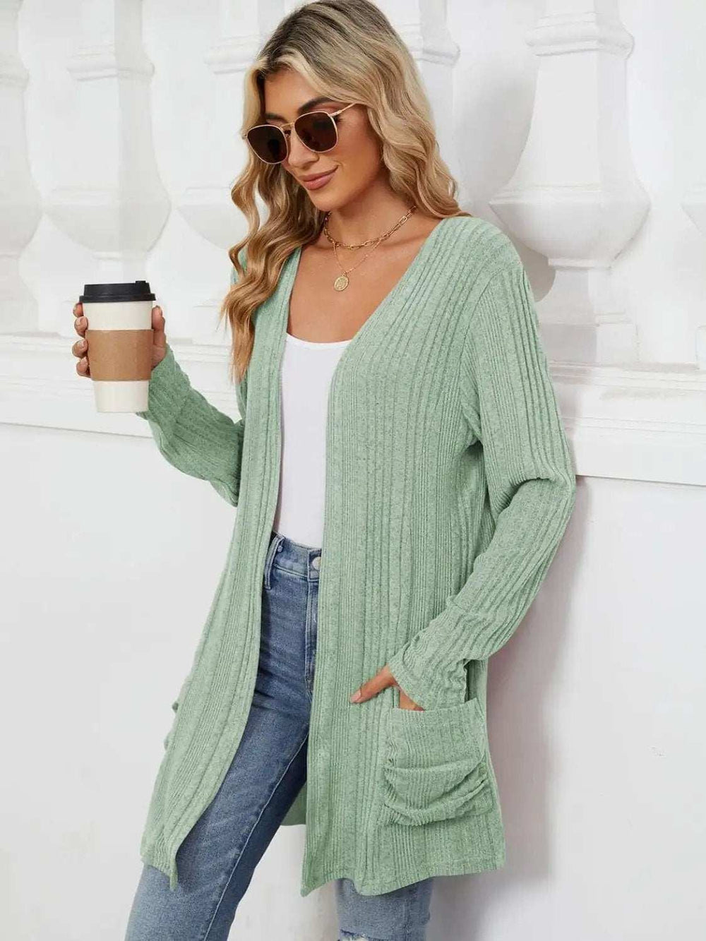 Pocketed Open Front Long Sleeve Cardigan - Trendsi - Flyclothing LLC