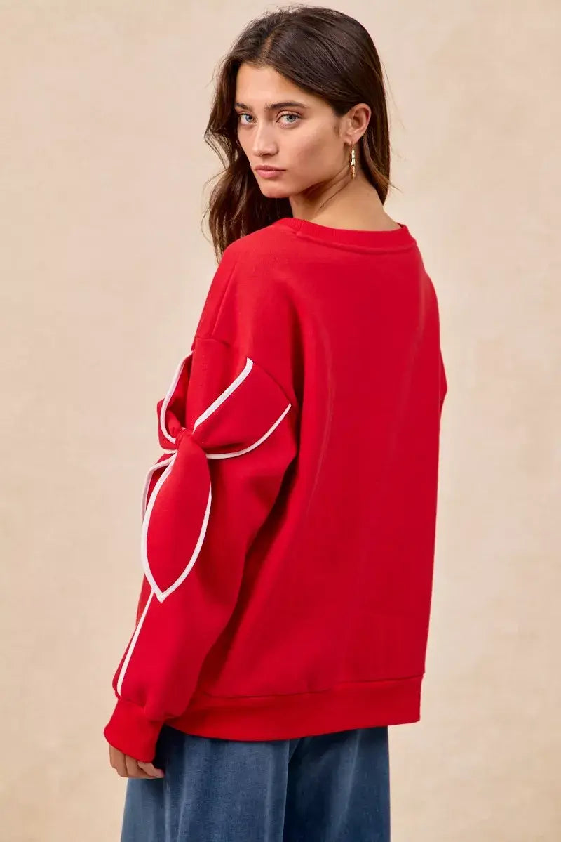 BiBi Bow Detail Sleeves Fleece Sweatshirt - Trendsi - Flyclothing LLC