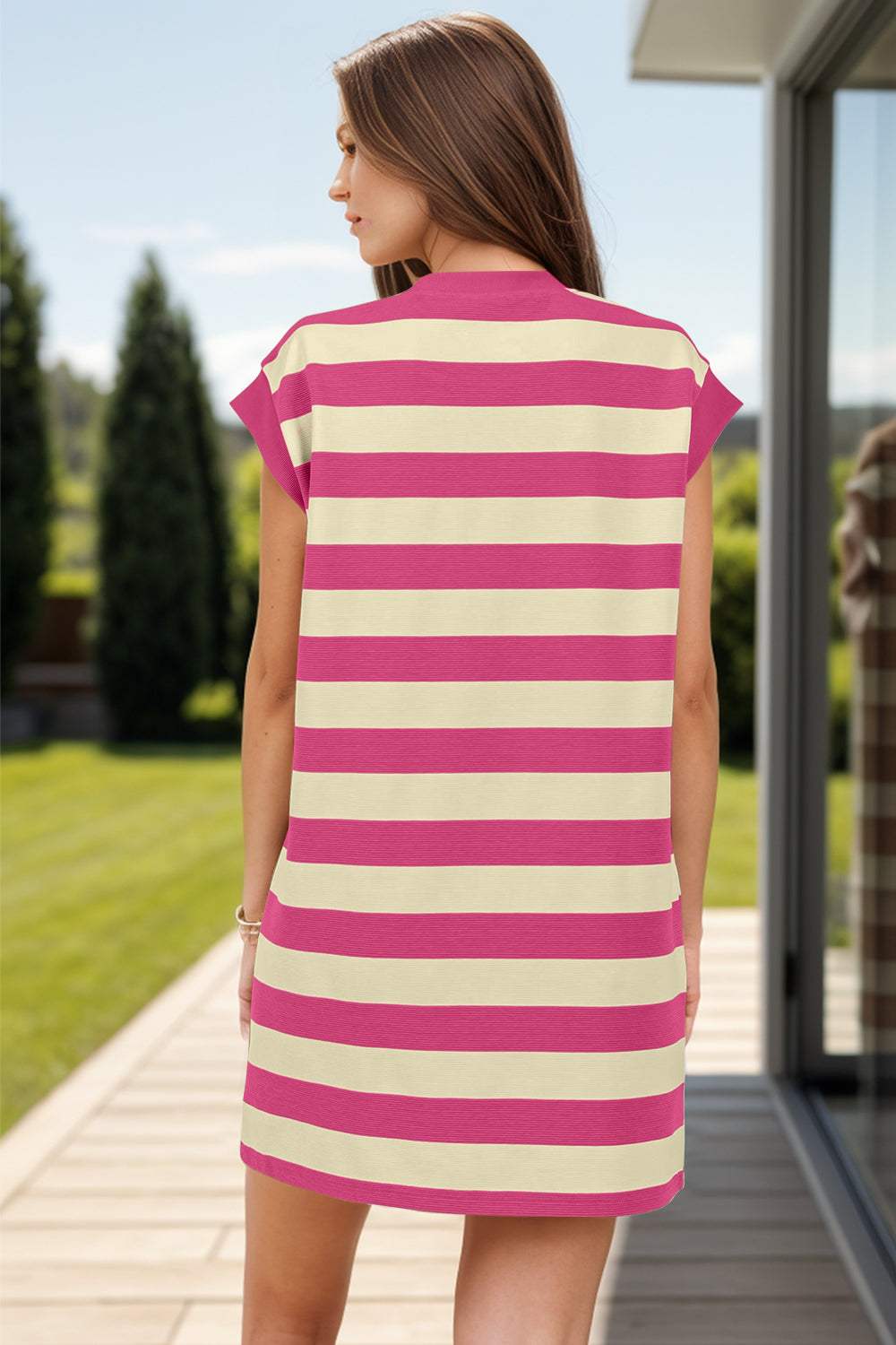 Striped Round Neck Cap Sleeve Mini Dress - Trendsi - Flyclothing LLC