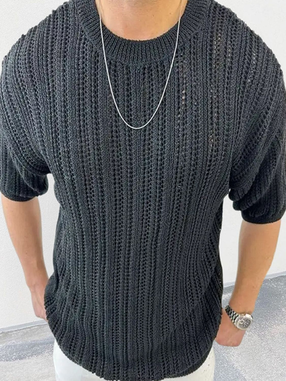 Men's Openwork Round Neck Knit T-Shirt - Trendsi