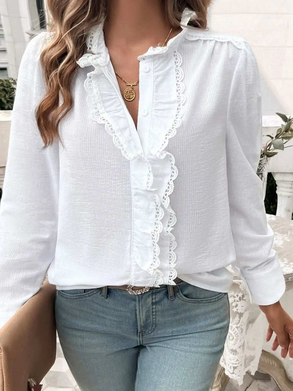 Lace Detail Ruffled Round Neck Long Sleeve Shirt - Trendsi - Flyclothing LLC