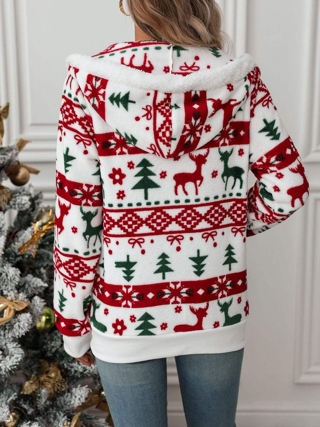 Drawstring Christmas Element Zip Up Hooded Jacket - Trendsi - Flyclothing LLC
