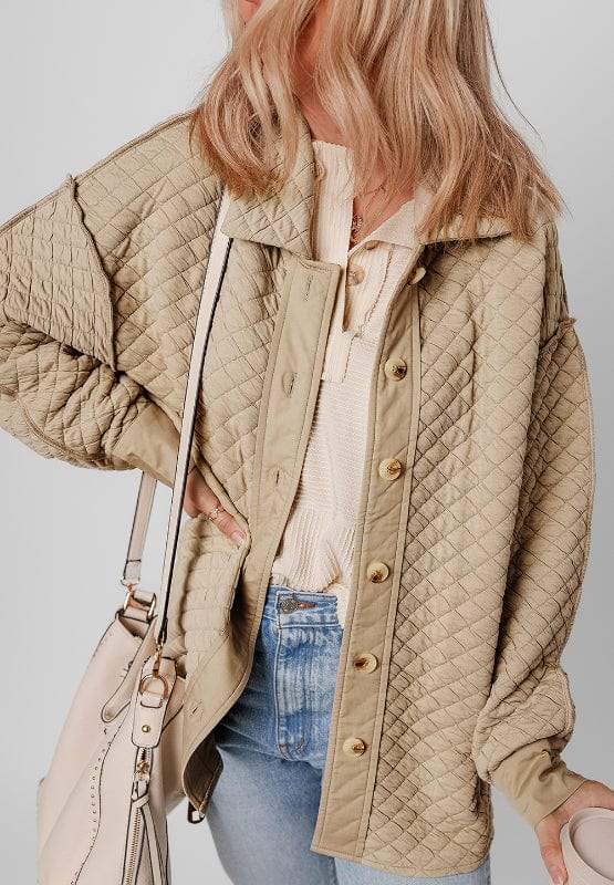 Exposed Seam Collared Neck Button Up Shacket - Trendsi - Flyclothing LLC