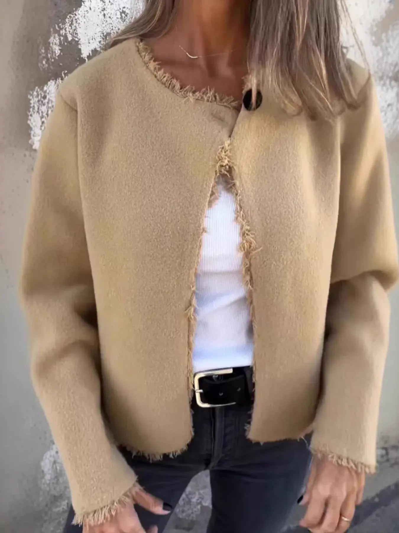 Full Size One Button Frayed Edge Cardigan Plus Size - Trendsi - Flyclothing LLC