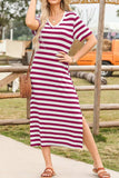 Casual Striped V-Neck Midi T-Shirt Dress - Trendsi - Flyclothing LLC