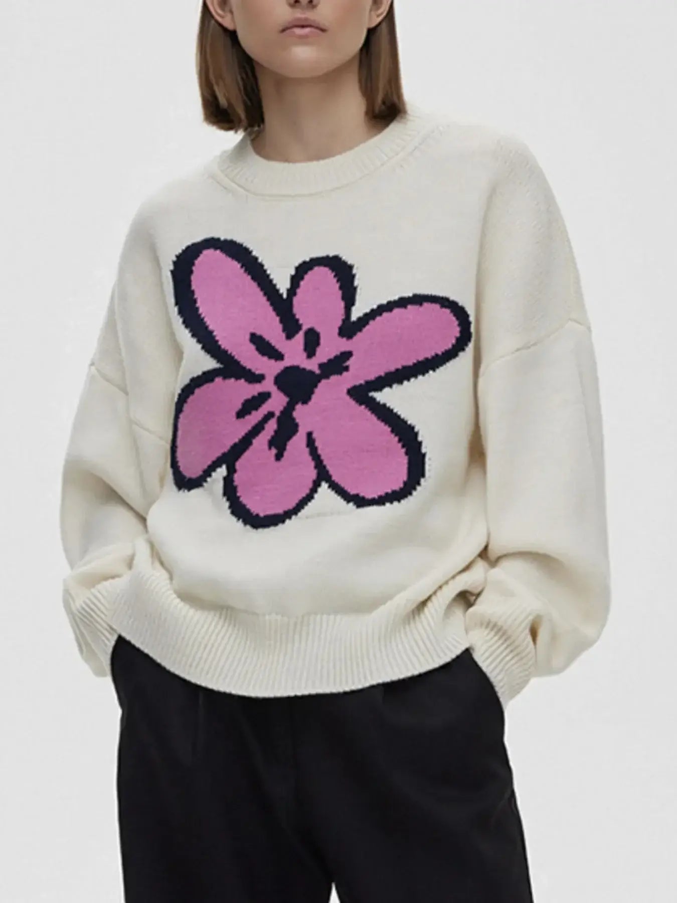 Flower Ribbed Hem Round Neck Sweater - Trendsi - Flyclothing LLC