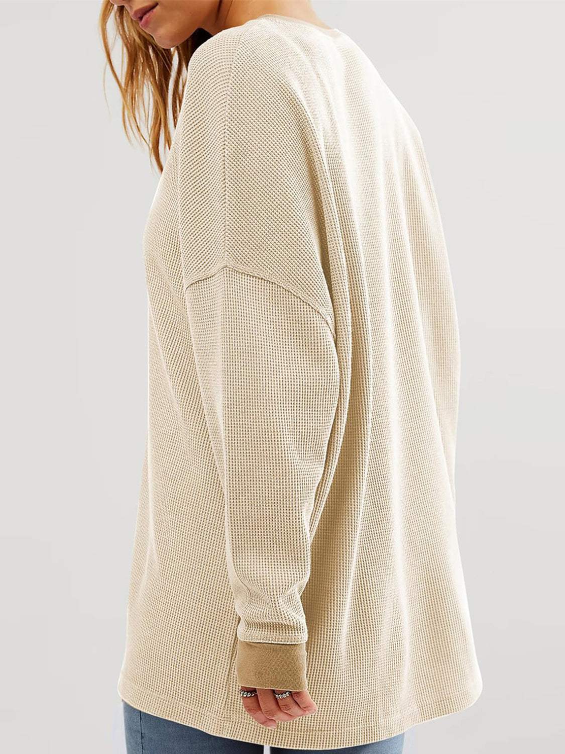 Waffle Knit Round Neck Long Sleeve T-Shirt - Trendsi - Flyclothing LLC