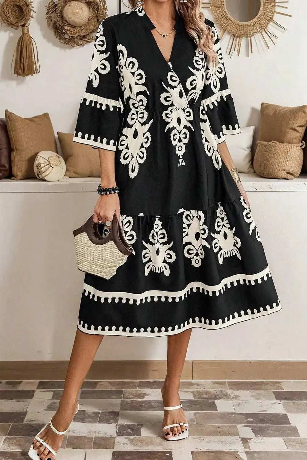 Printed Half Sleeve Knee Length Dress - Trendsi - Flyclothing LLC