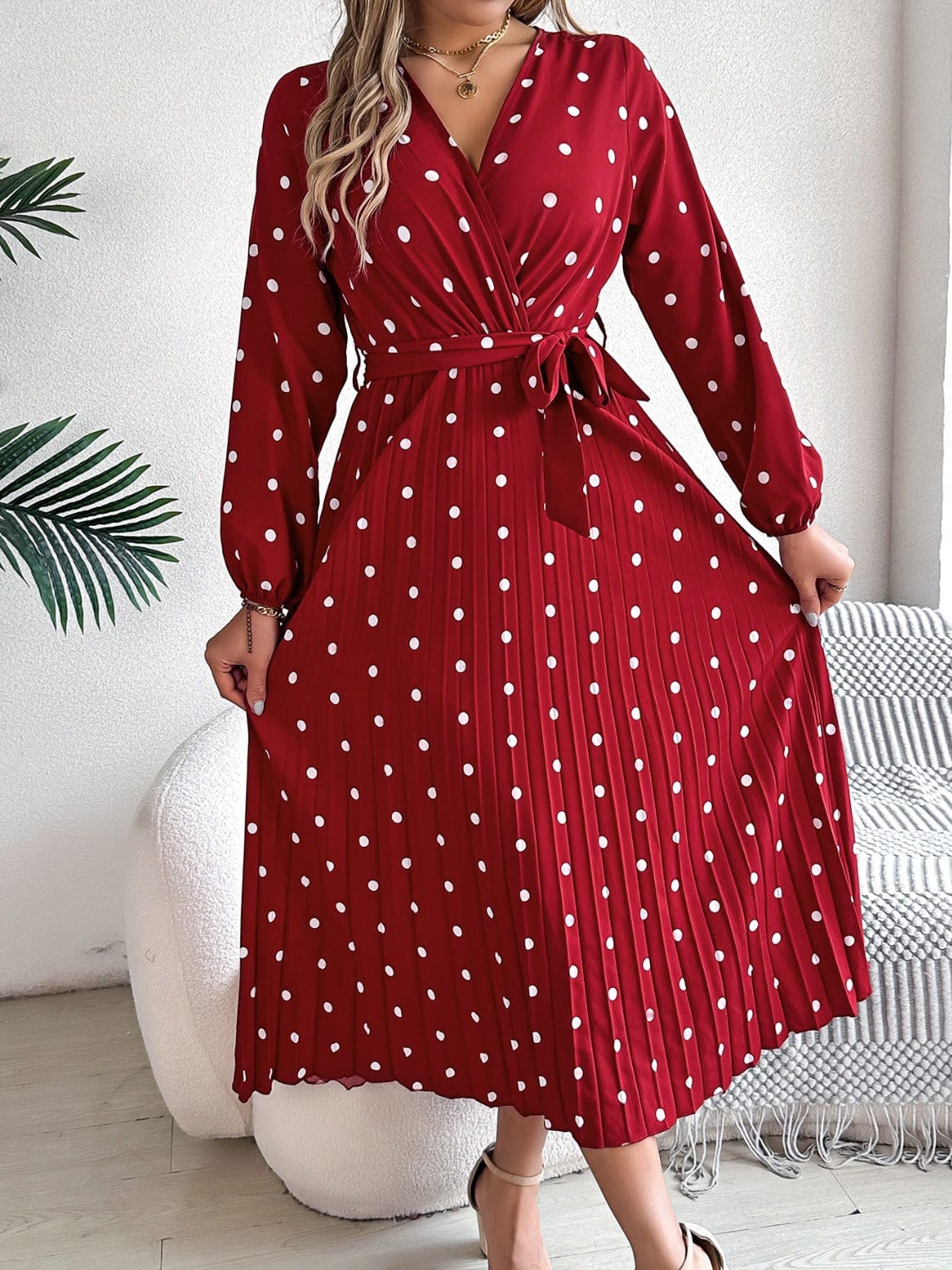 Tied Polka Dot Long Sleeve Midi Dress - Trendsi