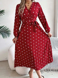 Tied Polka Dot Long Sleeve Midi Dress - Trendsi - Flyclothing LLC