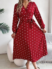 Tied Polka Dot Long Sleeve Midi Dress - Trendsi