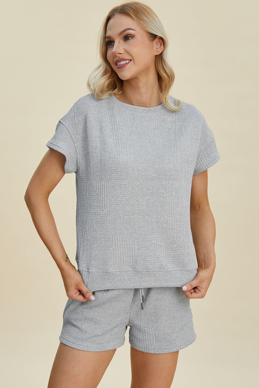 Double Take Full Size Texture Short Sleeve Top and Shorts Set - Trendsi