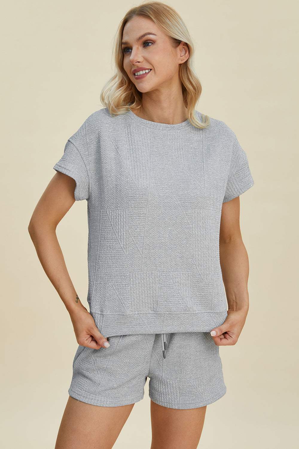Double Take Full Size Texture Short Sleeve Top and Shorts Set - Trendsi - Flyclothing LLC