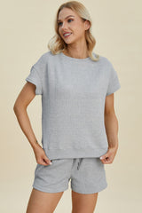 Double Take Full Size Texture Short Sleeve Top and Shorts Set - Trendsi