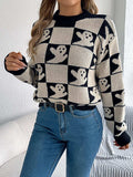 Halloween Ghost Pattern Checkered Round Neck Sweater - Trendsi - Flyclothing LLC