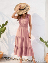 Tiered Ruffled V-Neck Cap Sleeve Dress - Trendsi - Flyclothing LLC