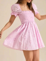 Eyelet Puff Sleeve Smocked Mini Dress - Trendsi - Flyclothing LLC