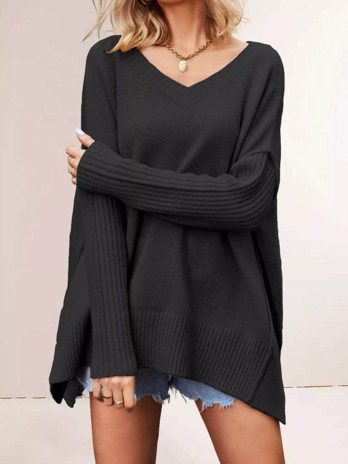 V-Neck Ribbed Sleeve Sweater - Trendsi - Flyclothing LLC