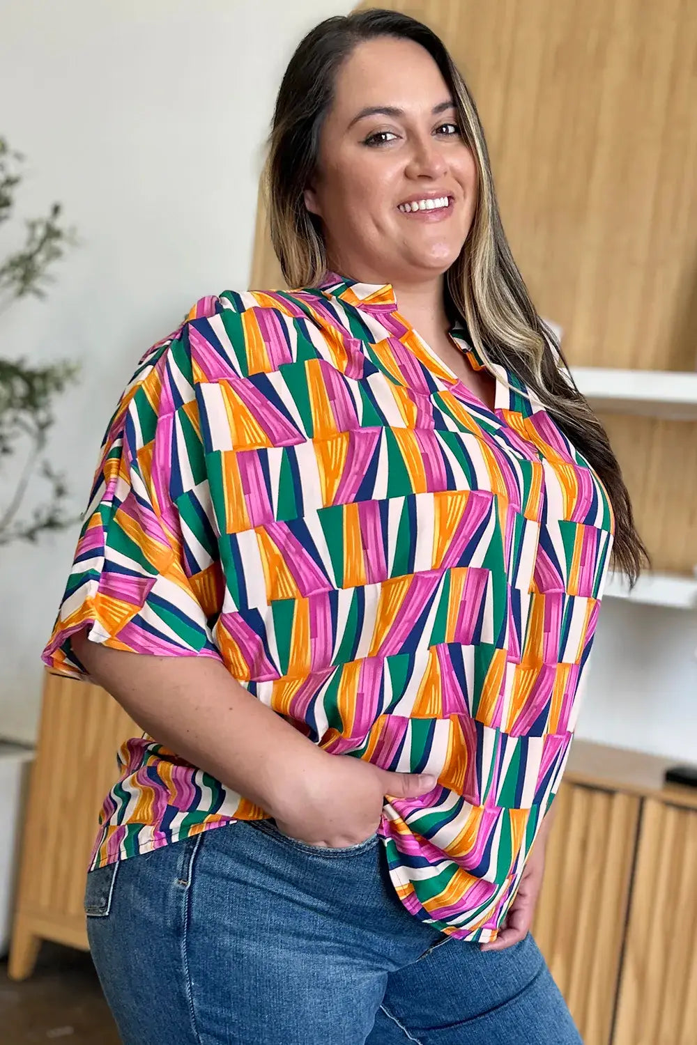 Double Take Full Size Geometric Notched Dolman Sleeve Top - Trendsi - Flyclothing LLC