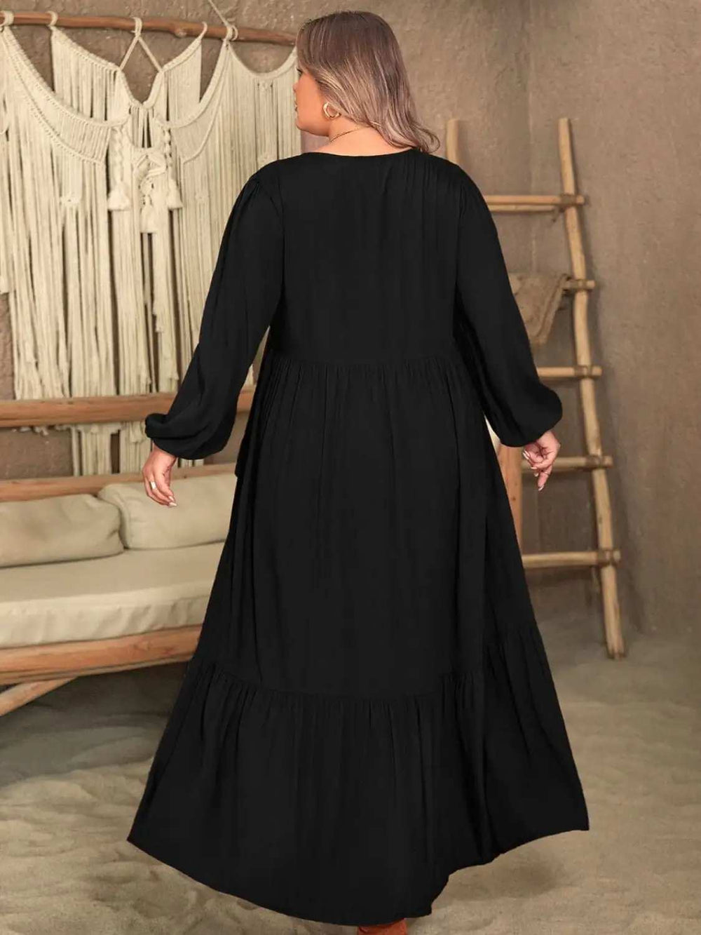 Plus Size Ruffled V-Neck Long Sleeve Dress - Trendsi - Flyclothing LLC