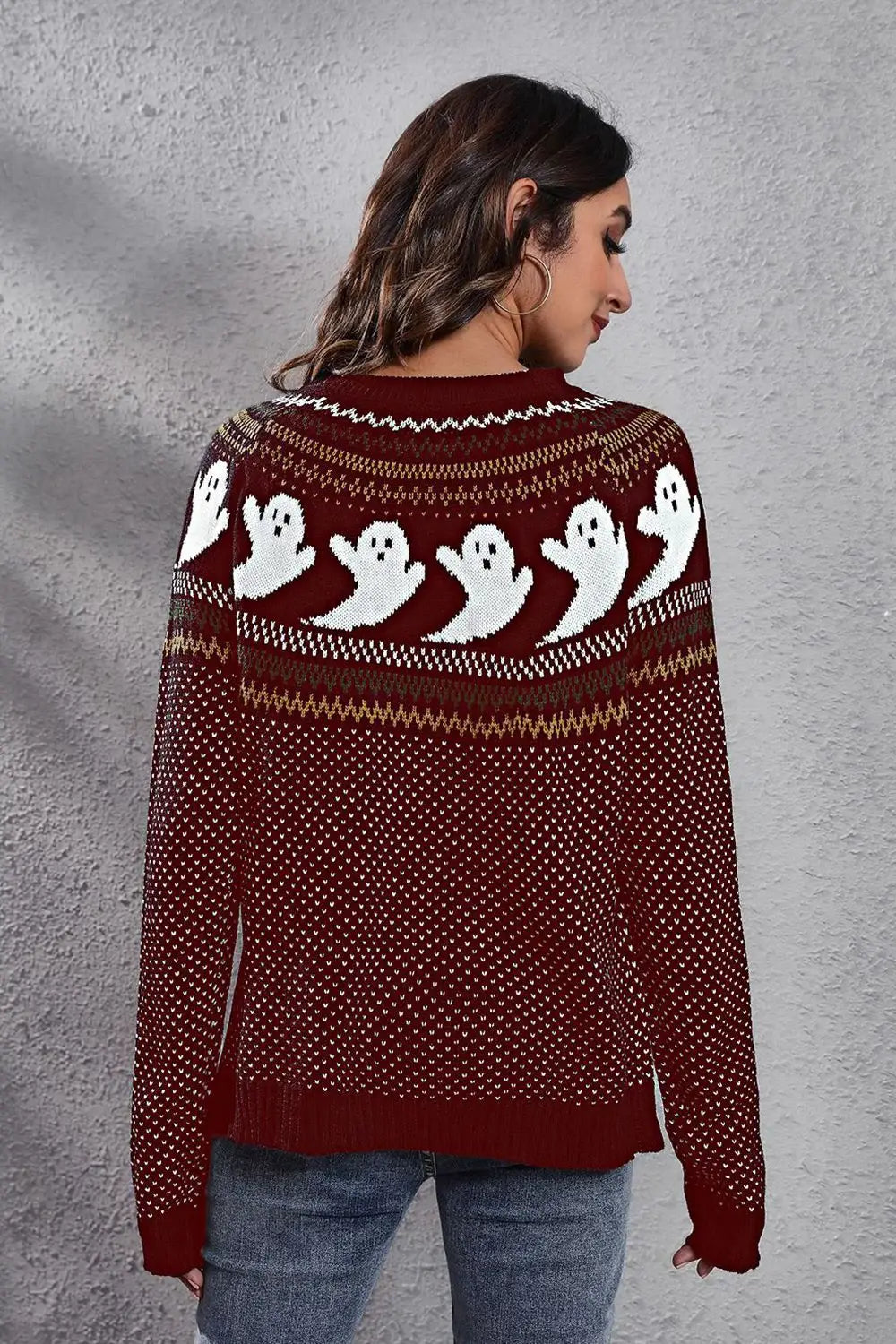 Ghost Pattern Round Neck Long Sleeve Sweater - Trendsi - Flyclothing LLC