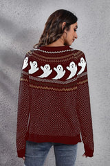 Ghost Pattern Round Neck Long Sleeve Sweater - Trendsi - Flyclothing LLC