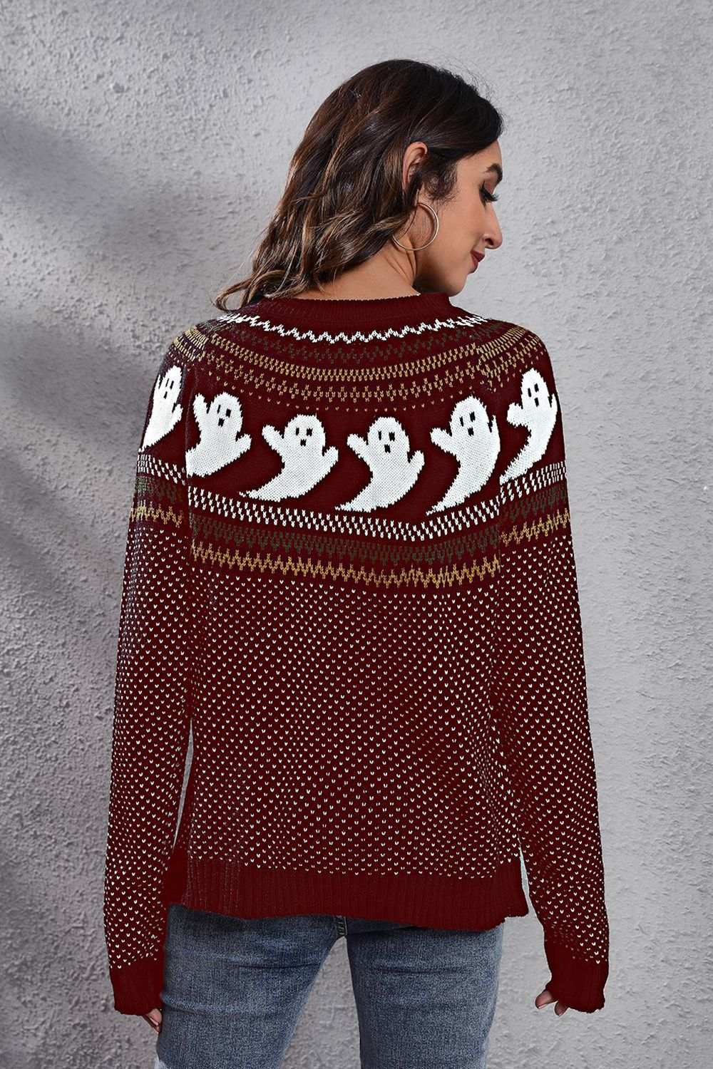 Ghost Pattern Round Neck Long Sleeve Sweater - Trendsi - Flyclothing LLC