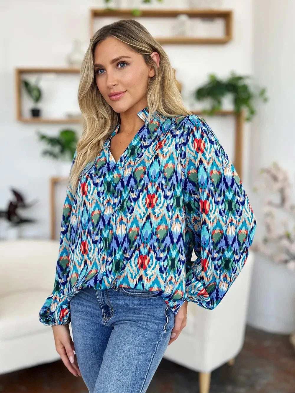 Double Take Full Size Printed Balloon Sleeve Blouse - Trendsi - Flyclothing LLC