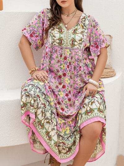 Plus Size Floral Tie Neck Flutter Sleeve Maxi Dress - Trendsi - Flyclothing LLC