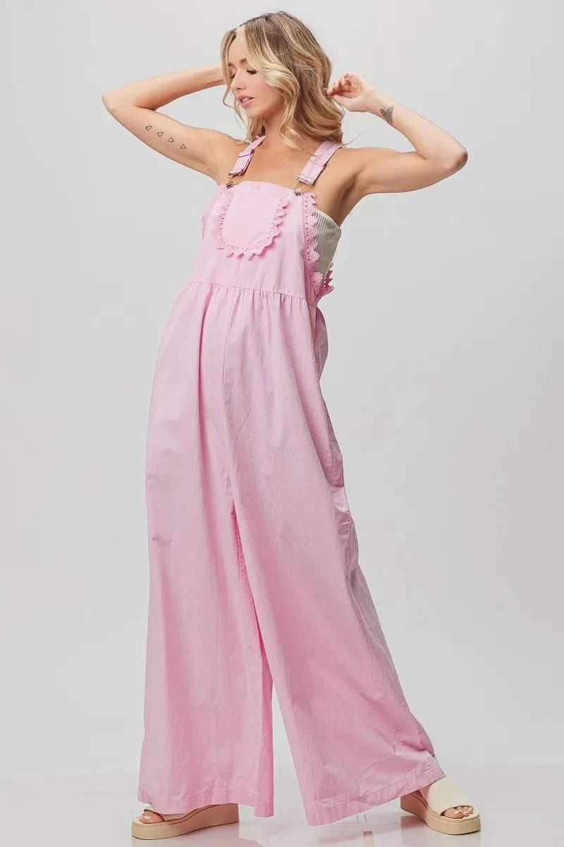 BiBi Lace Edge Detail Wide Leg Overall - Trendsi