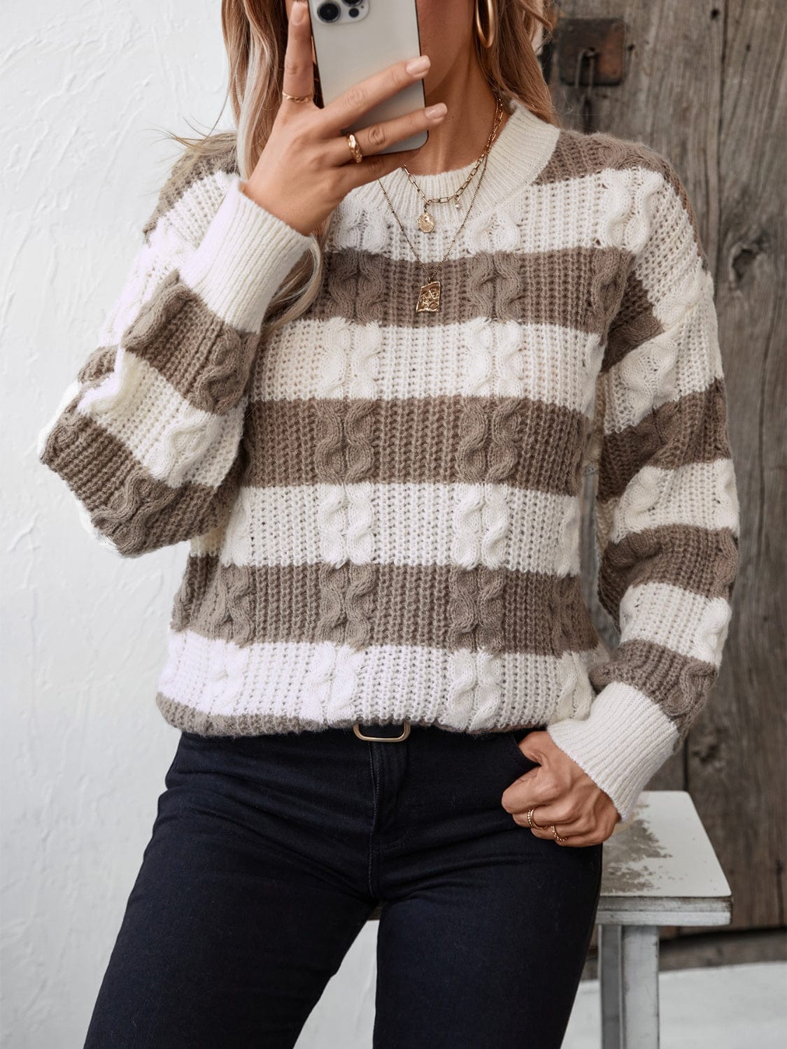 Striped Round Neck Long Sleeve Sweater - Trendsi