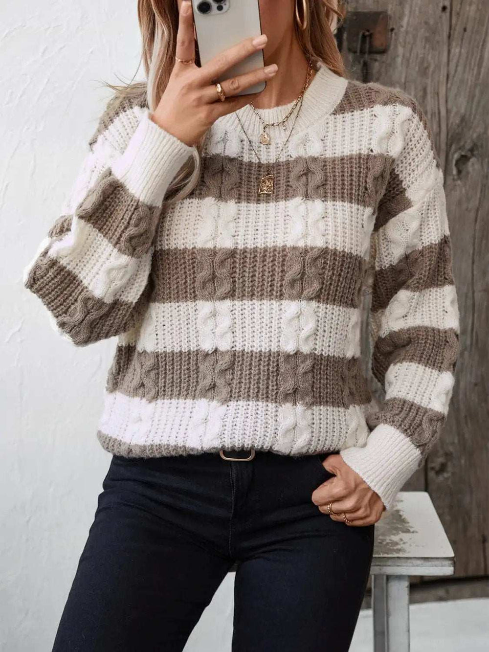 Striped Round Neck Long Sleeve Sweater - Trendsi - Flyclothing LLC