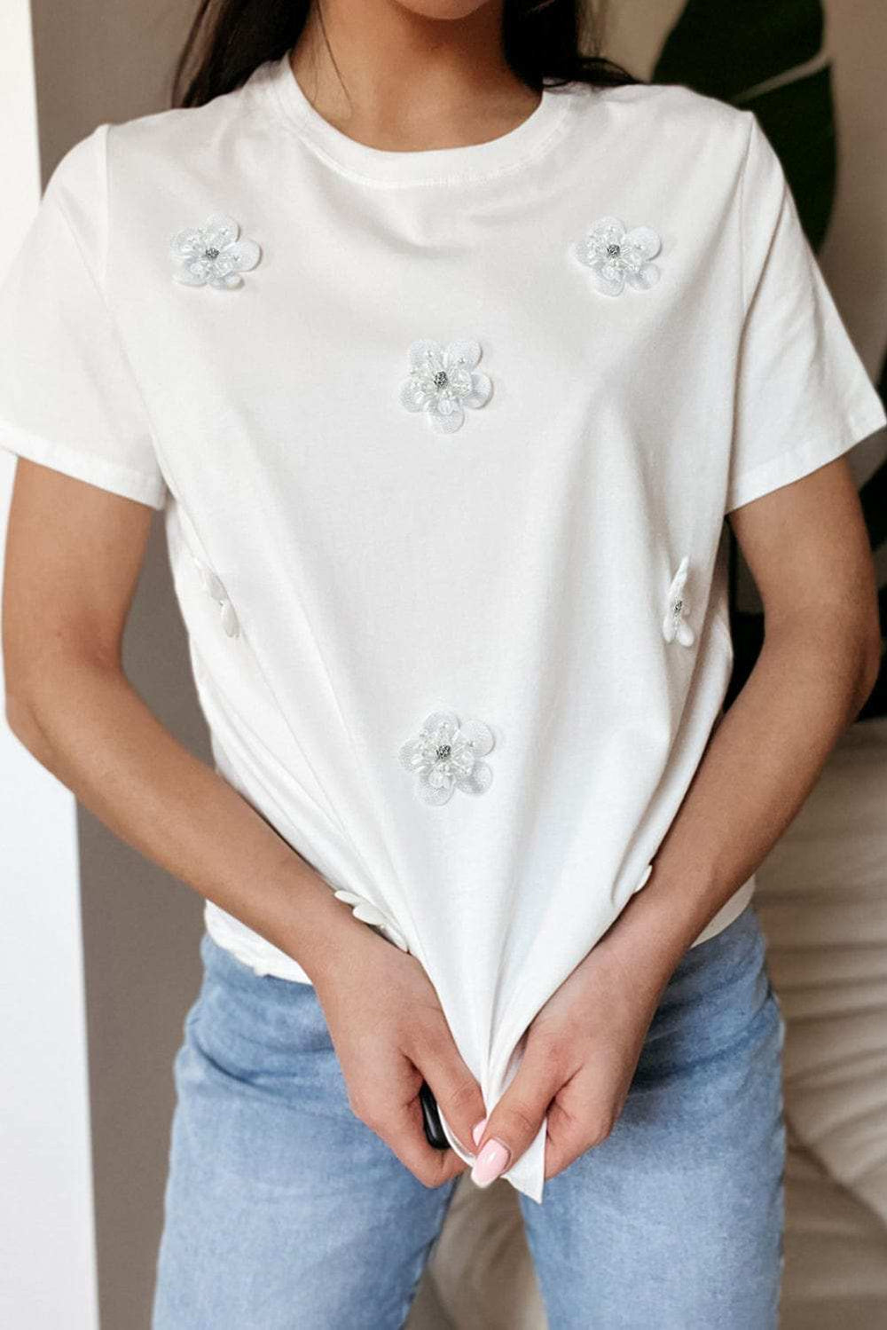 Flower Round Neck Short Sleeve T-Shirt - Trendsi - Flyclothing LLC