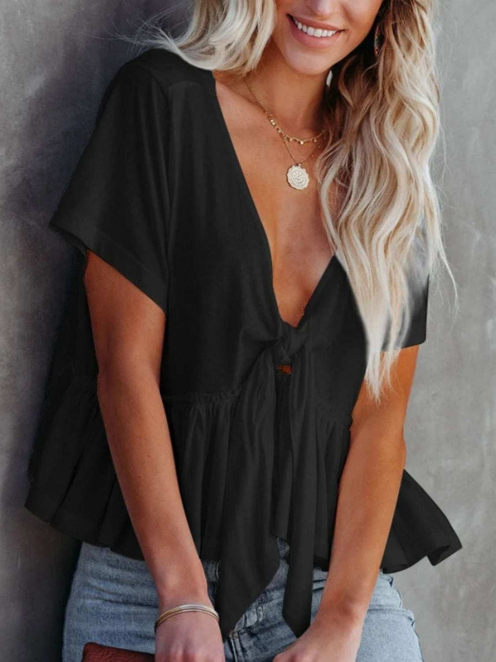 Tied Plunge Short Sleeve Blouse - Trendsi - Flyclothing LLC