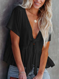 Tied Plunge Short Sleeve Blouse - Trendsi - Flyclothing LLC