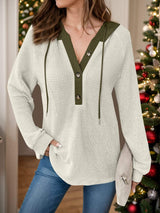 Full Size Waffle-Knit Contrast Long Sleeve Hoodie - Trendsi - Flyclothing LLC