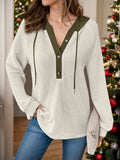 Full Size Waffle-Knit Contrast Long Sleeve Hoodie - Trendsi - Flyclothing LLC
