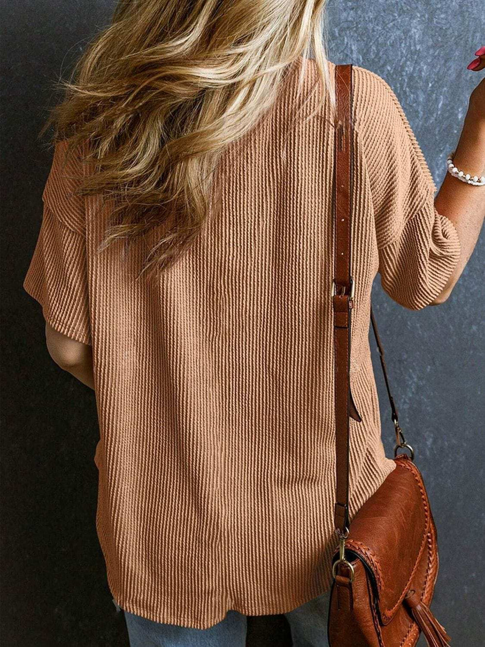 Textured V-Neck Half Sleeve T-Shirt - Trendsi - Flyclothing LLC