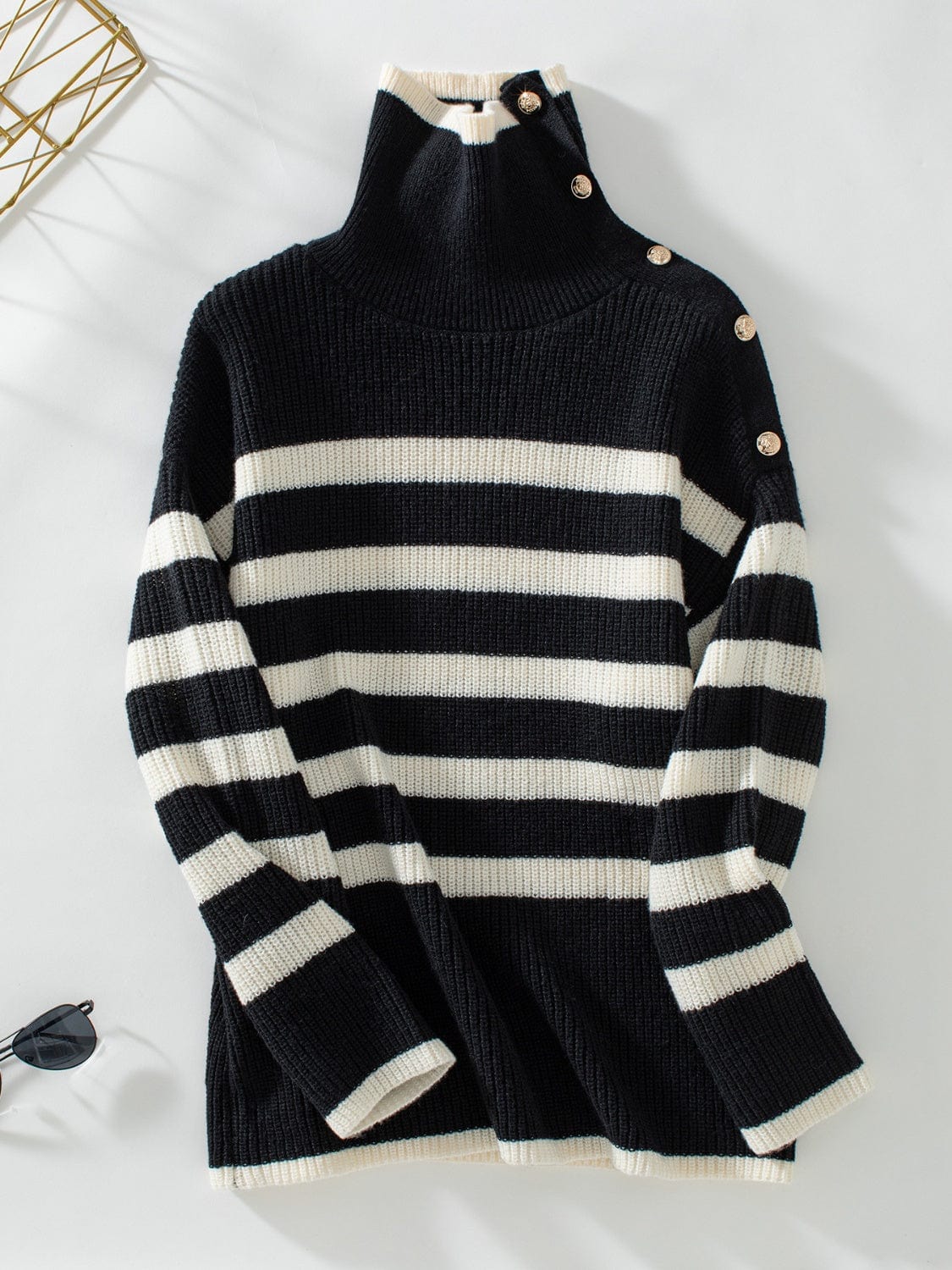 Buttoned Striped Long Sleeve Sweater - Trendsi
