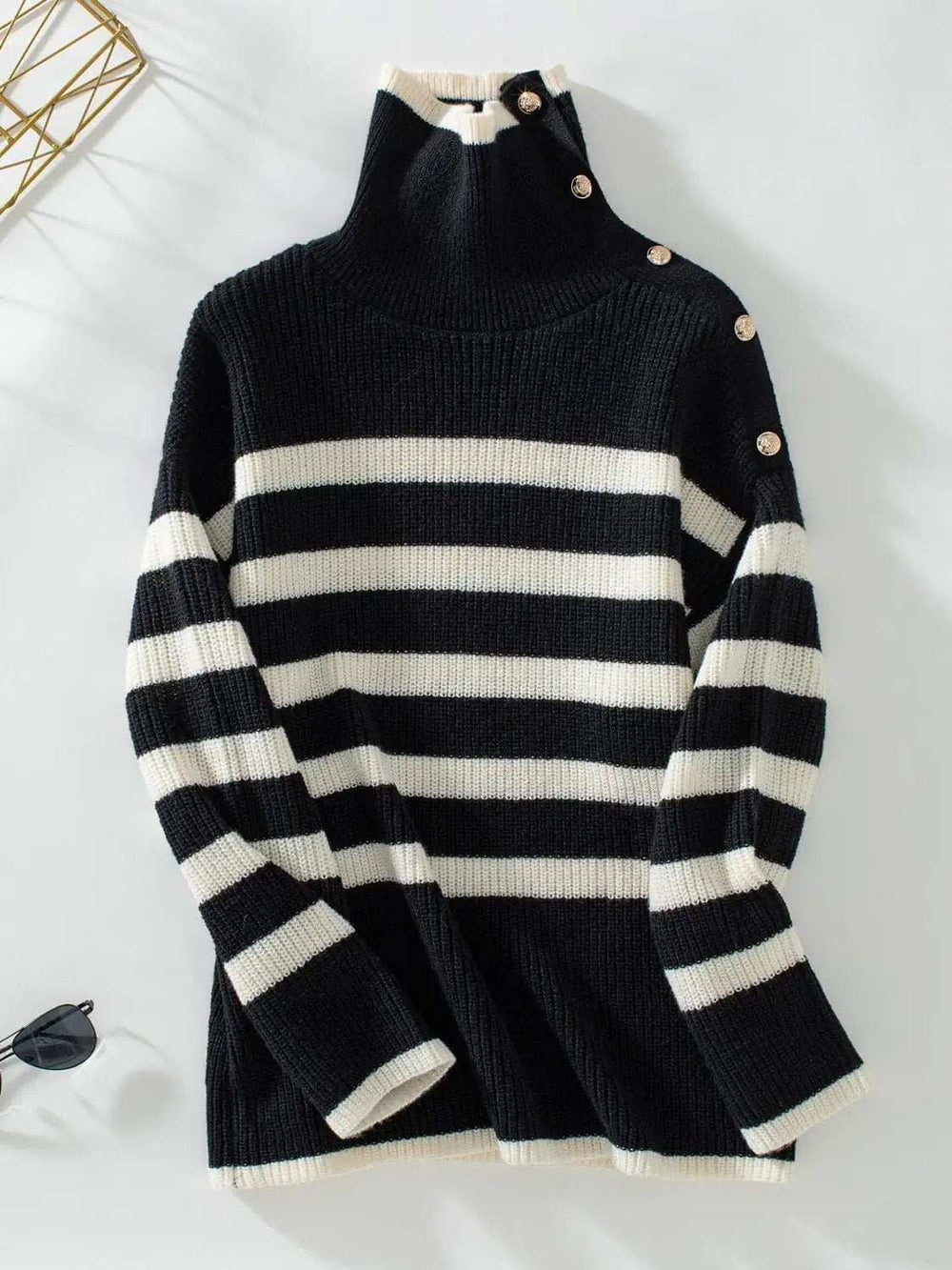 Buttoned Striped Long Sleeve Sweater - Trendsi - Flyclothing LLC