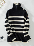 Buttoned Striped Long Sleeve Sweater - Trendsi
