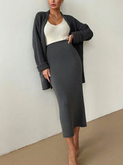 Pocketed Long Sleeve Cardigan and Skirt Sweater Set - Trendsi
